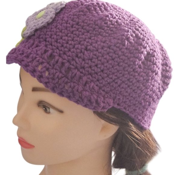 Handmade Boho Crochet Hat Cotton Floral Cap Purple Lavender Summer Werable Art - Picture 4 of 17